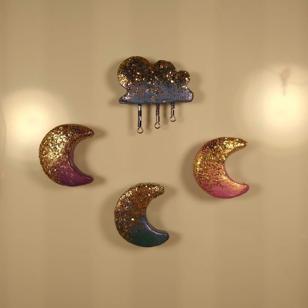 Four Handmade Glitter Clay Moon & Cloud Magnets
